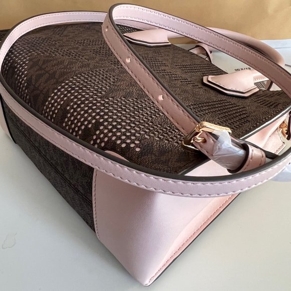 MICHAEL KORS Mercer Medium Pebbled Leather Crossbody Bag Brown/Pink Perforated - Picture 15 of 16